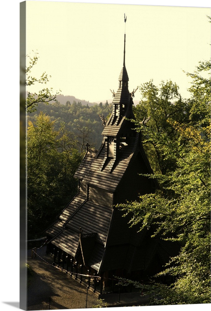 Fantoft Stave Church in morning light.Reconstructed in 1992.Bergen, Norway.