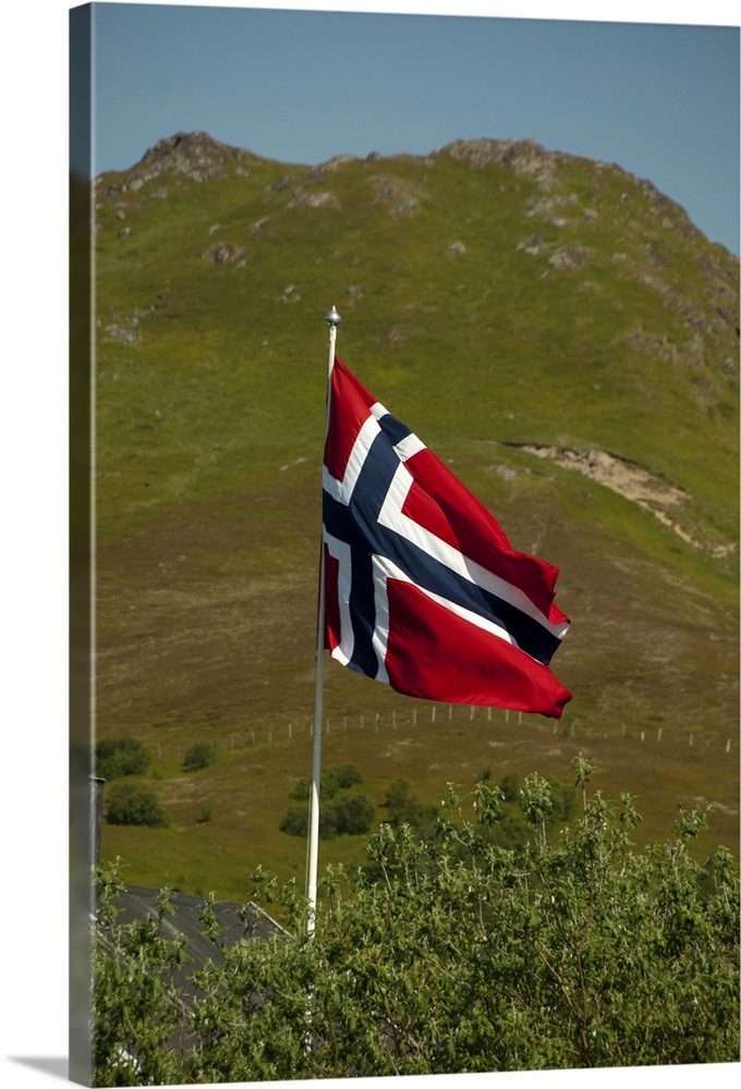 Norway, Nordland, Lofoten Archipelago. Norwegian flag.