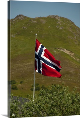 Norway, Nordland, Lofoten Archipelago. Norwegian flag