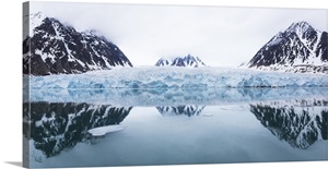 Norway, Svalbard, Monacobreen glacier, Reflections of mountains and glacier image thumbnail