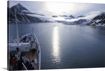 Norway, Svalbard. Vessel approaching Magdalena Fjord