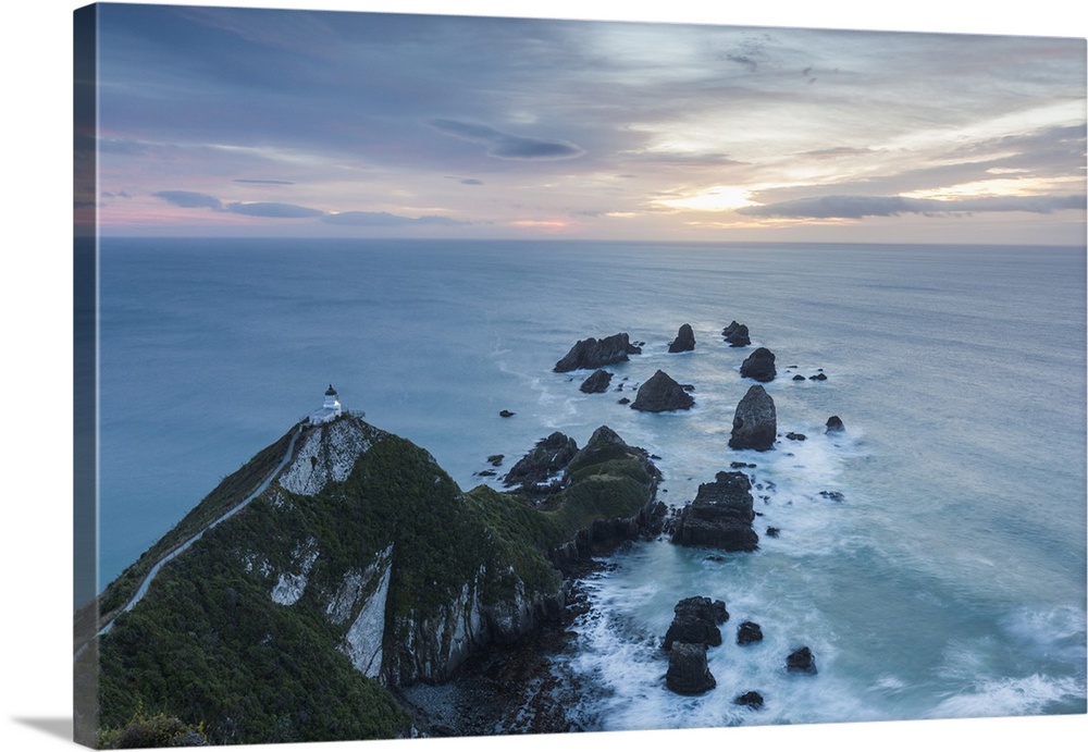 New Zealand, South Island, Southland, The Catlins, Nugget Point, Nuggett Point LIghthouse, elevated view, dawn