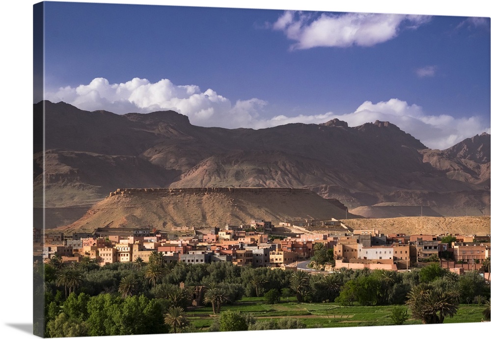 Africa, Morocco. The oasis city of Tinerhir sits beneath foothills of the Atlas mountains.