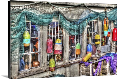 Old Building, Netarts, Oregon, Decorated With Colorful Fishing Gear