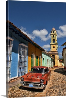 Old Classsic Chevy on cobblestone street of Trinidad Cuba
