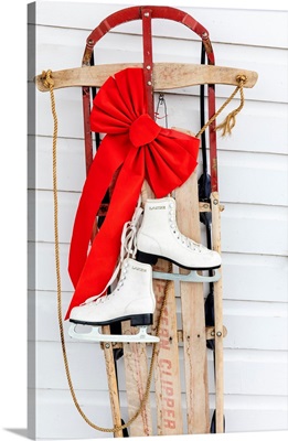 Old fashioned sled with ice skates at Chico Hot Springs in winter in Pray, Montana, USA