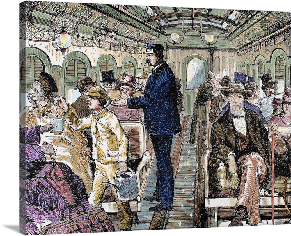 Old railroad car. Inside view with passengers, USA. 19th-century colored engraving.