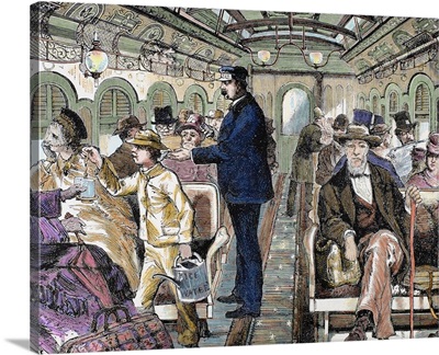 Old railroad car, Inside view with passengers, USA, 19th-century colored engraving