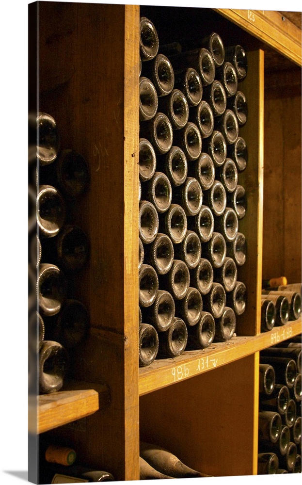 Old wine bottles aging in the wine cellar.  Alain Voge, Cornas, Ardeche, Ard..che, France, Europe