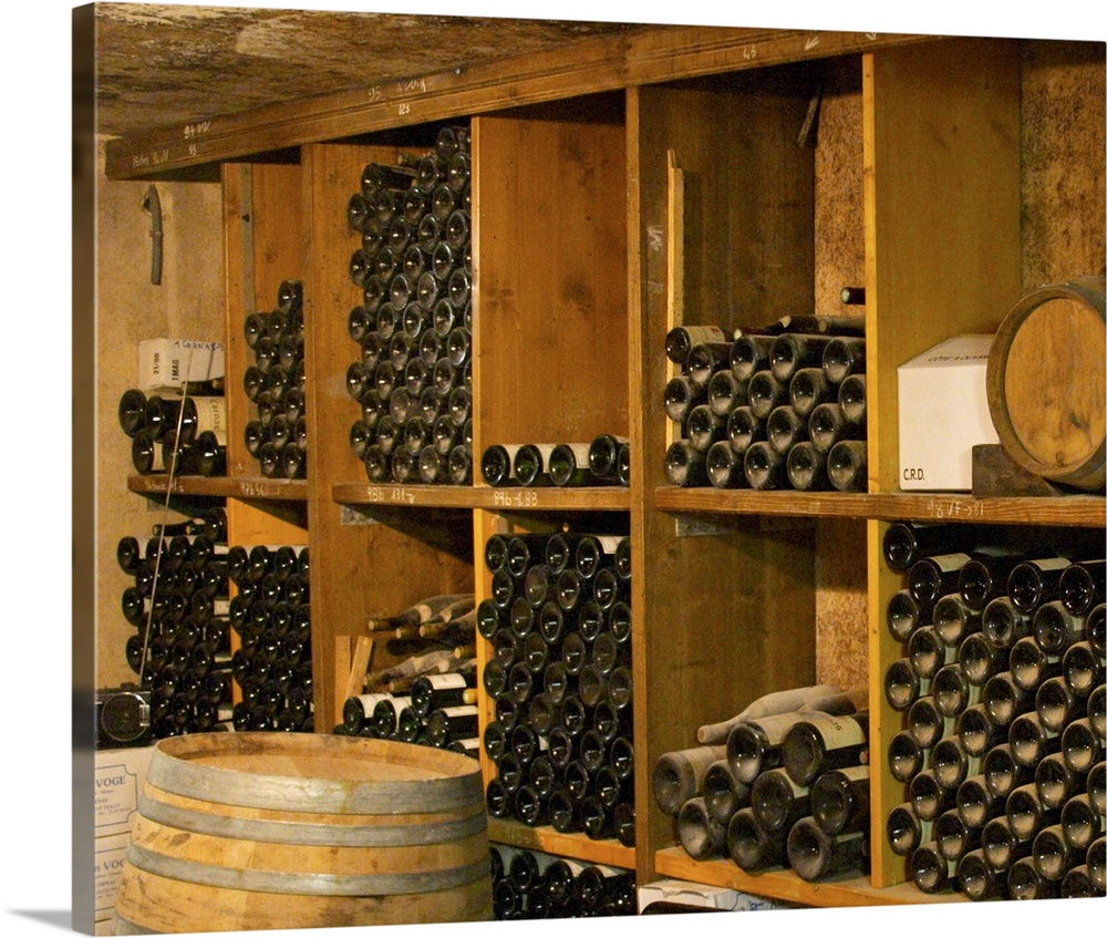 Old wine bottles aging in the wine cellar.  Alain Voge, Cornas, Ardeche, Ard..che, France, Europe