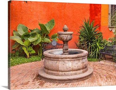 Orange Yellow Fountain Plaza, Juarez Park In San Miguel De Allende, Mexico
