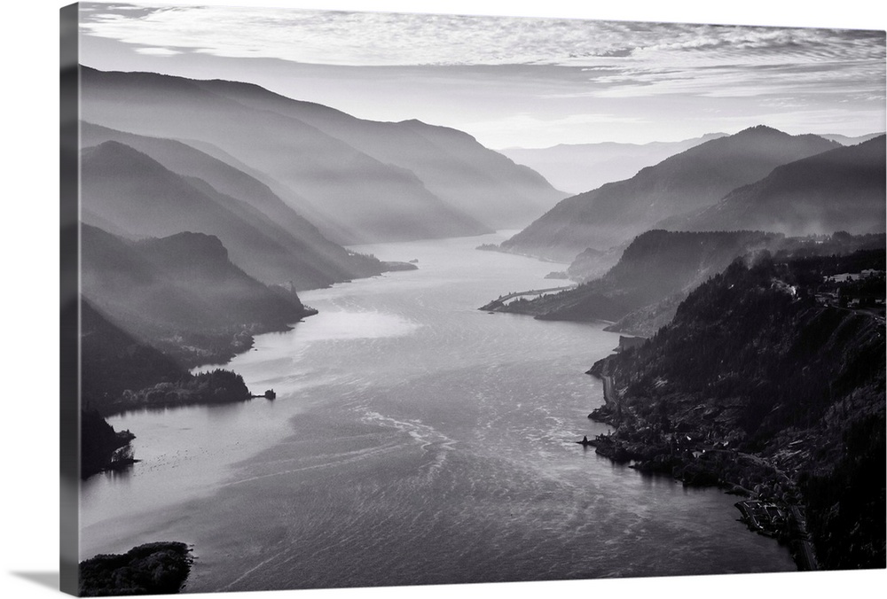 USA, Oregon,  aerial landscape looking west down the Columbia Gorge.