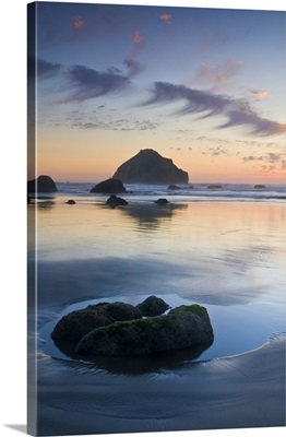 Oregon, Bandon Beach. Face Rock at twilight on the coastline