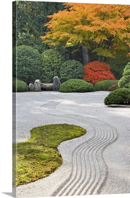 Oregon, Portland. Zen pattern raked into sand at Portland Japanese Garden