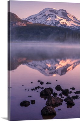 Oregon, Sparks Lake. Misty lake and Mt. Bachelor