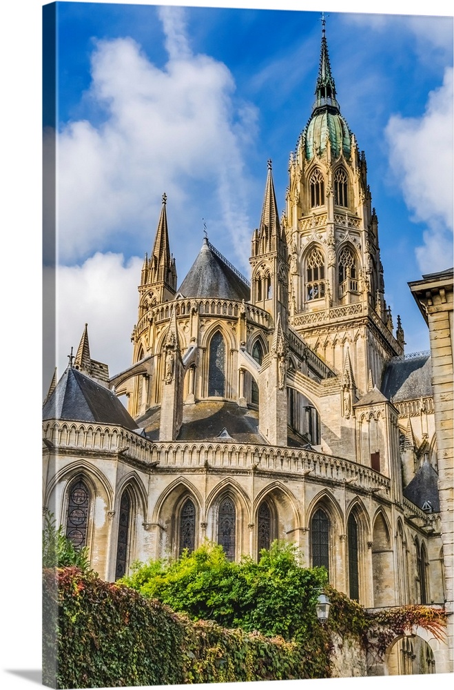 Outside, Bayeux Cathedral, Bayeux, Normandy, France. Catholic church consecrated by King William the Conqueror in 1077.
