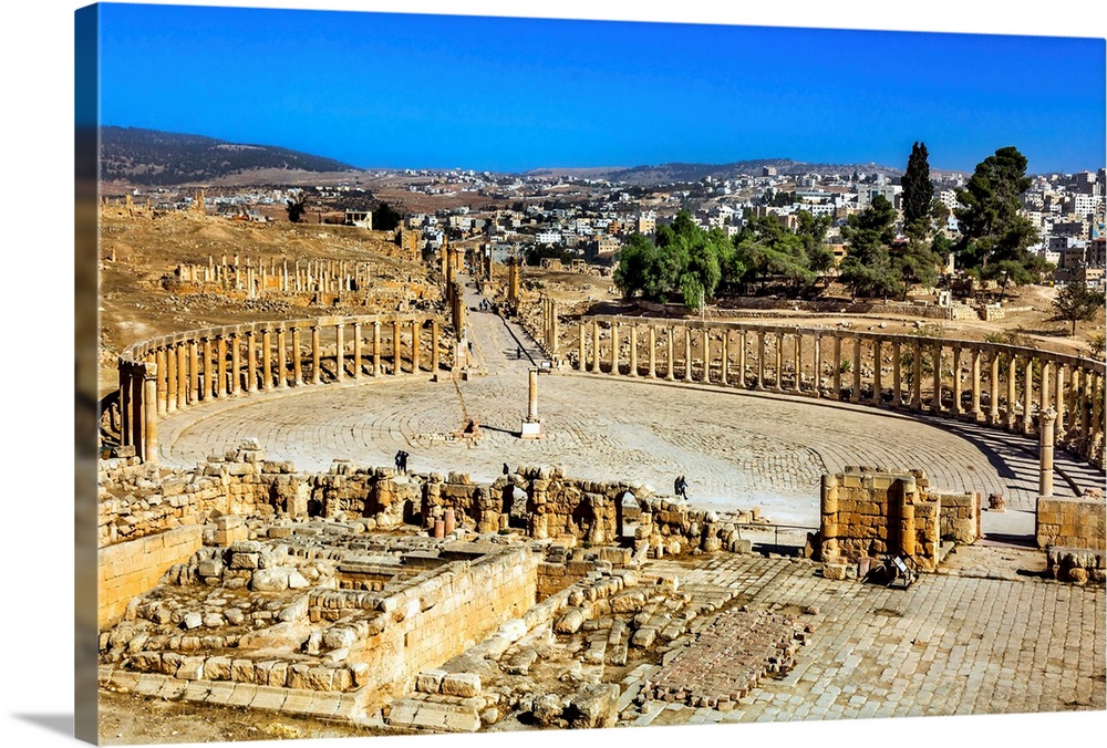Oval Plaza 160 Ionic Columns Ancient Roman City Jerash Jordan. Jerash came to power 300 BC to 100 AD and was a city throug...