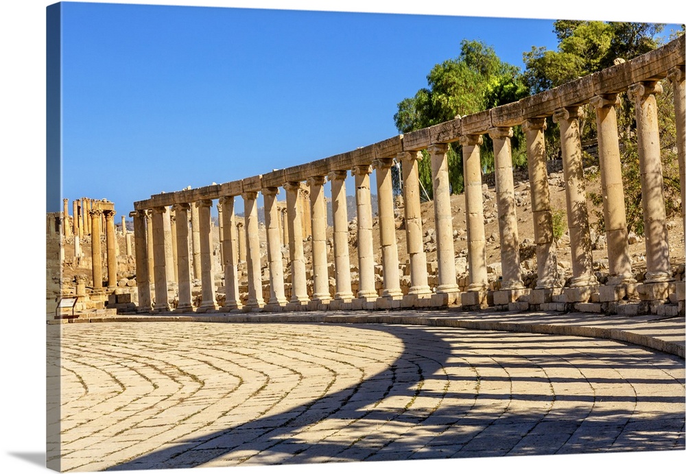 Oval Plaza 160 Ionic Columns Ancient Roman City Jerash Jordan. Jerash came to power 300 BC to 100 AD and was a city throug...