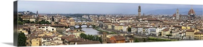 Panoramic view of Florence, Italy along the Arno River and Ponte Vecchio (Old Bridge)