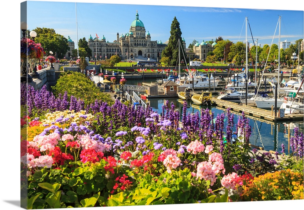 Summer flowers at Inner Harbour, Parliament Buildings behind, Victoria, Capital of British Columbia, Canada