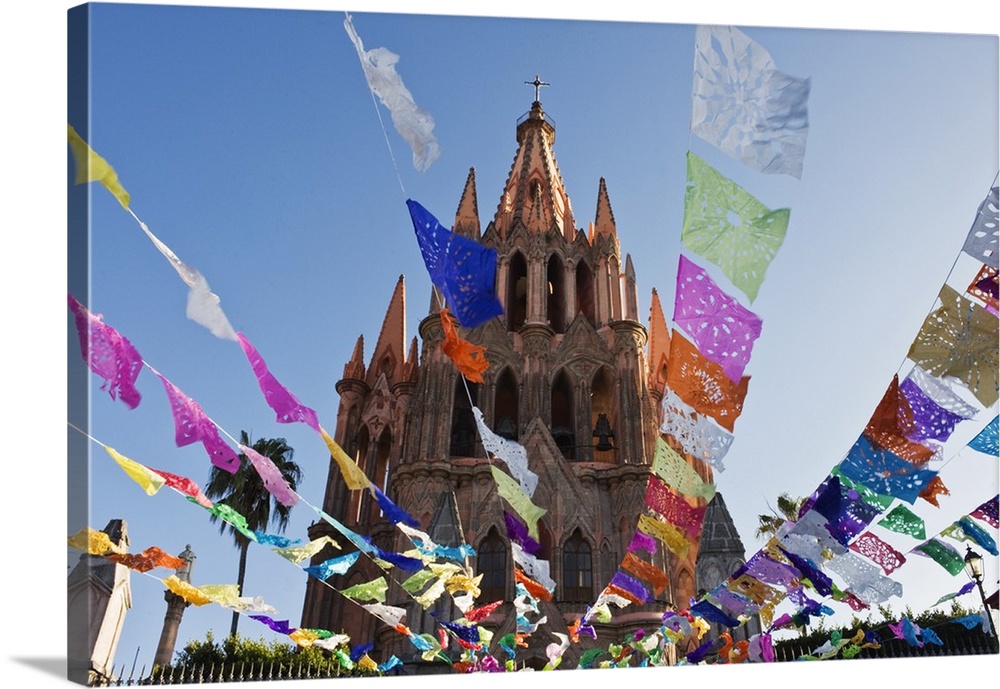 Mexico, Guanajuato, San Miguel de Allende, Parroquia De San Miguel Archangel Church Tower with Day of the Dead Banners.
