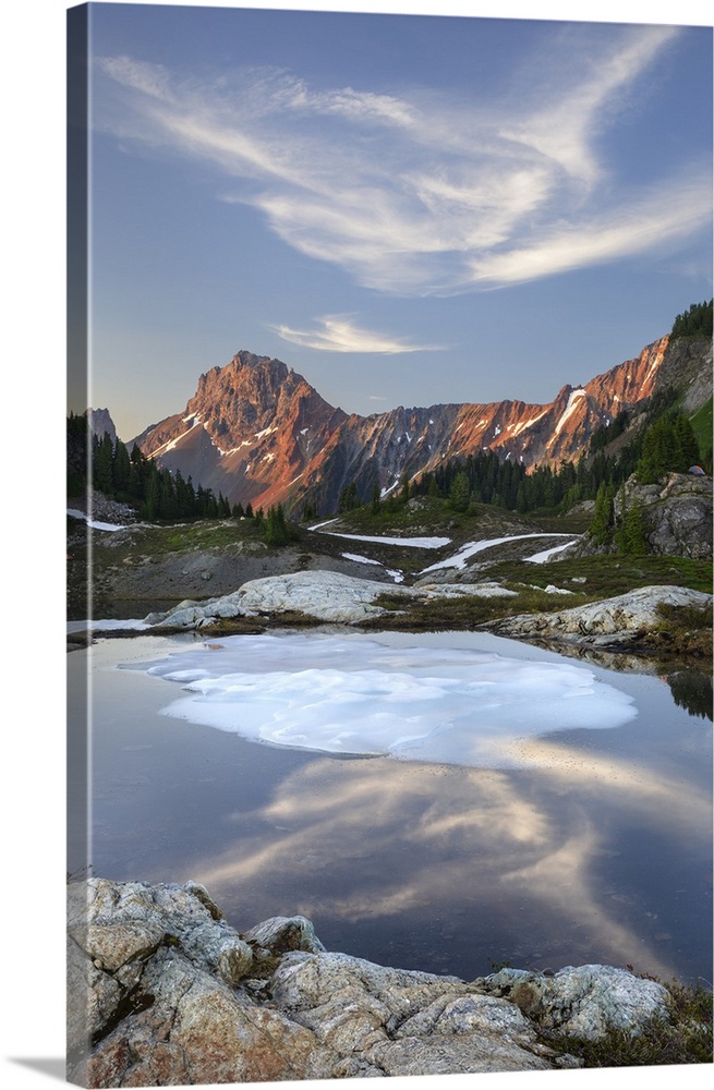 Partially thawed tarn, Yellow Aster Butte Basin. American Border Peak and Yellow Aster Butte in the distance. Mount Baker ...