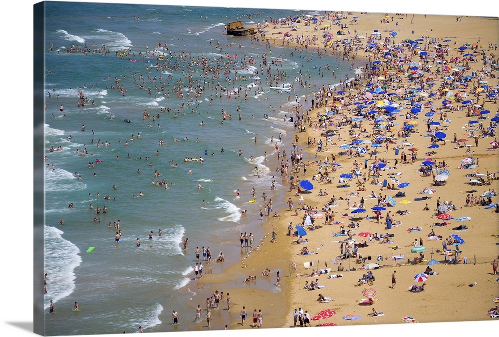 People enjoying the beach and swimming in the sea, aerial, Gumusdere, Black Sea coast of Istanbul, Turkey
