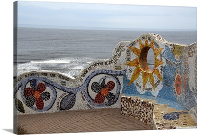 Peru, Lima, Miraflores, Love Park, colorful tile walls and benches in coastal park