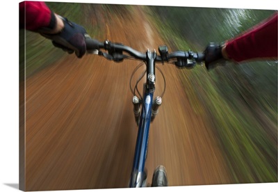 Point of view of single-track riding at the Pig Farm Trails near Whitefish, Montana