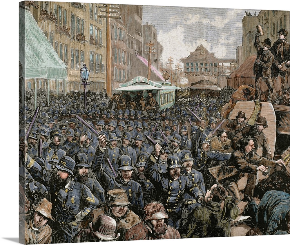 Police officers dispersing the strike of streetcar employees in New York, March 4, 1886. Colored engraving.