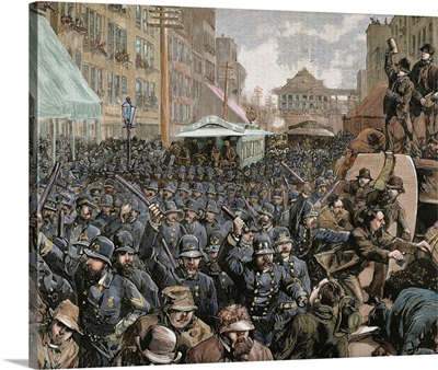 Police officers dispersing the strike of streetcar employees in New York, March 4, 1886