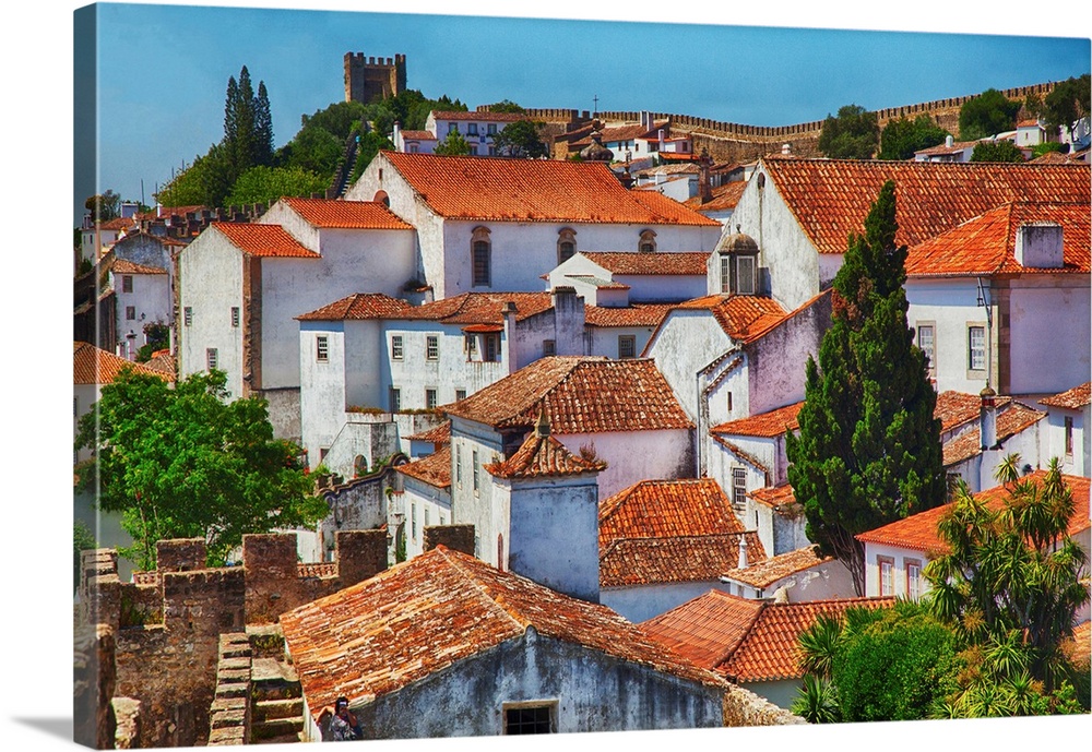 Portugal, Obidos, Elevated View of the town with the Red Roofs and special architecture of the town.