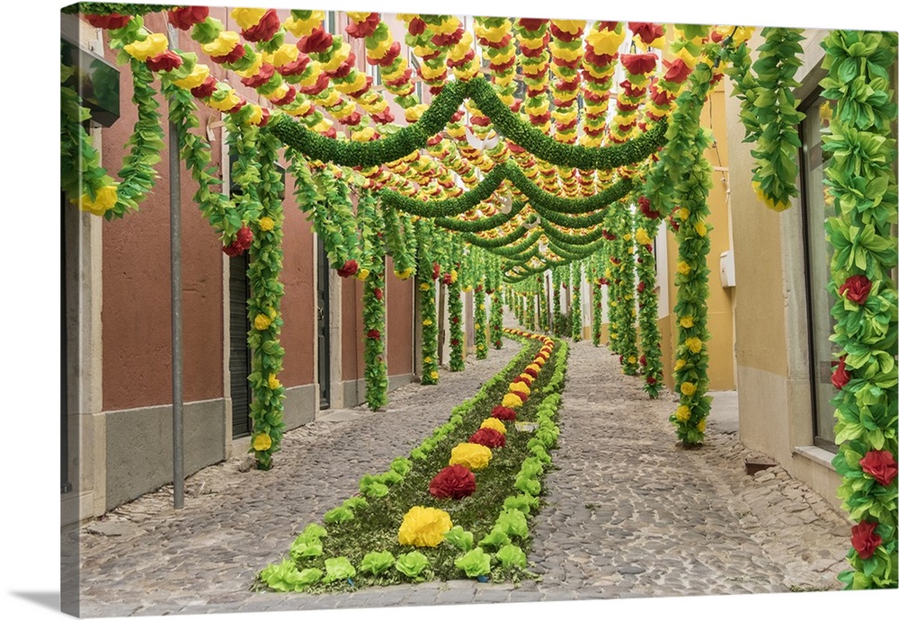 Portugal, Santarem District. Trays Festival, Neighborhoods decorated with flowers and garlands.