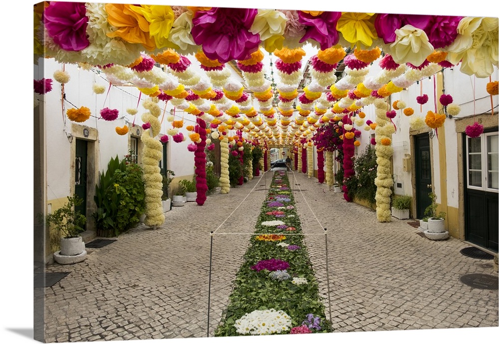 Portugal, Santarem District. Trays Festival, Neighborhoods decorated with flowers and garlands.