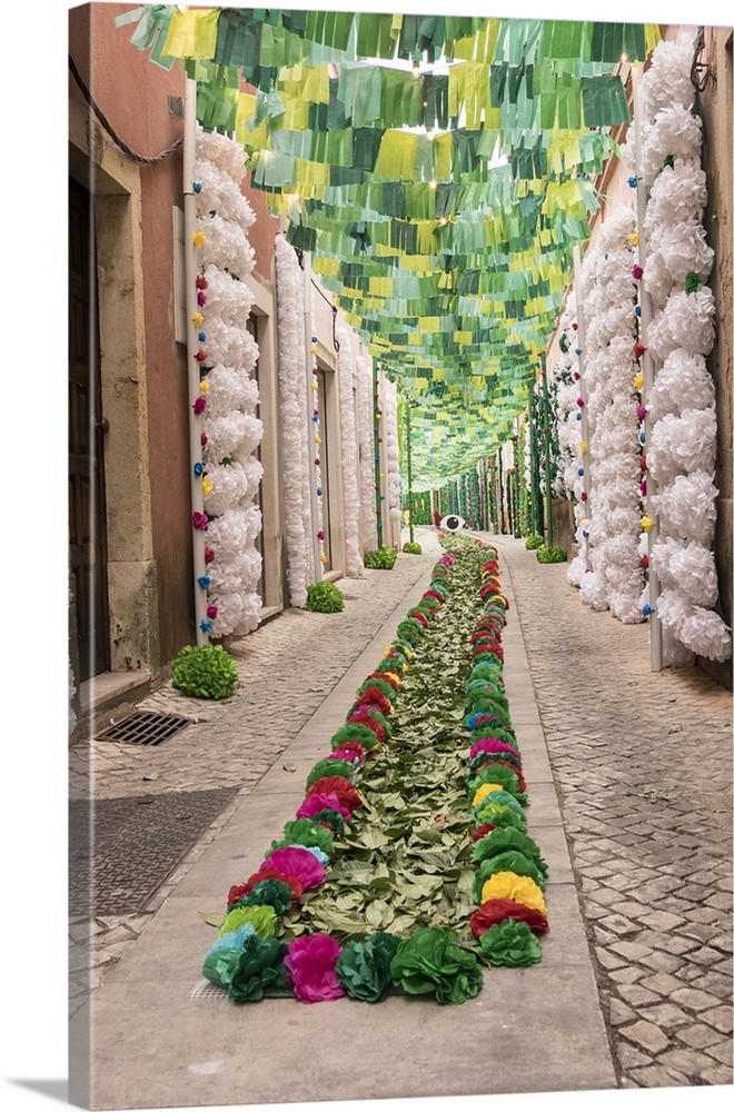 Portugal, Santarem District. Trays Festival, Neighborhoods decorated with flowers and garlands.