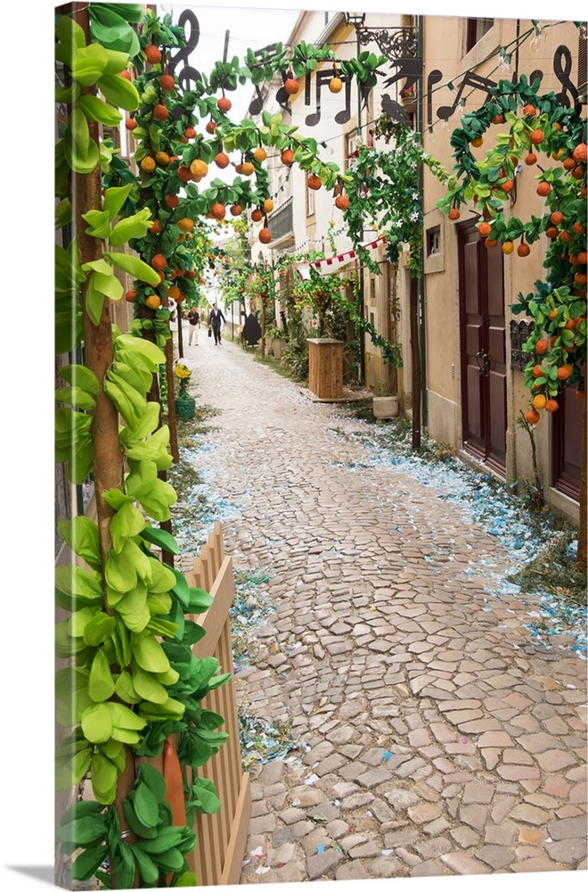 Portugal, Santarem District. Trays Festival, Neighborhoods decorated with flowers and garlands.