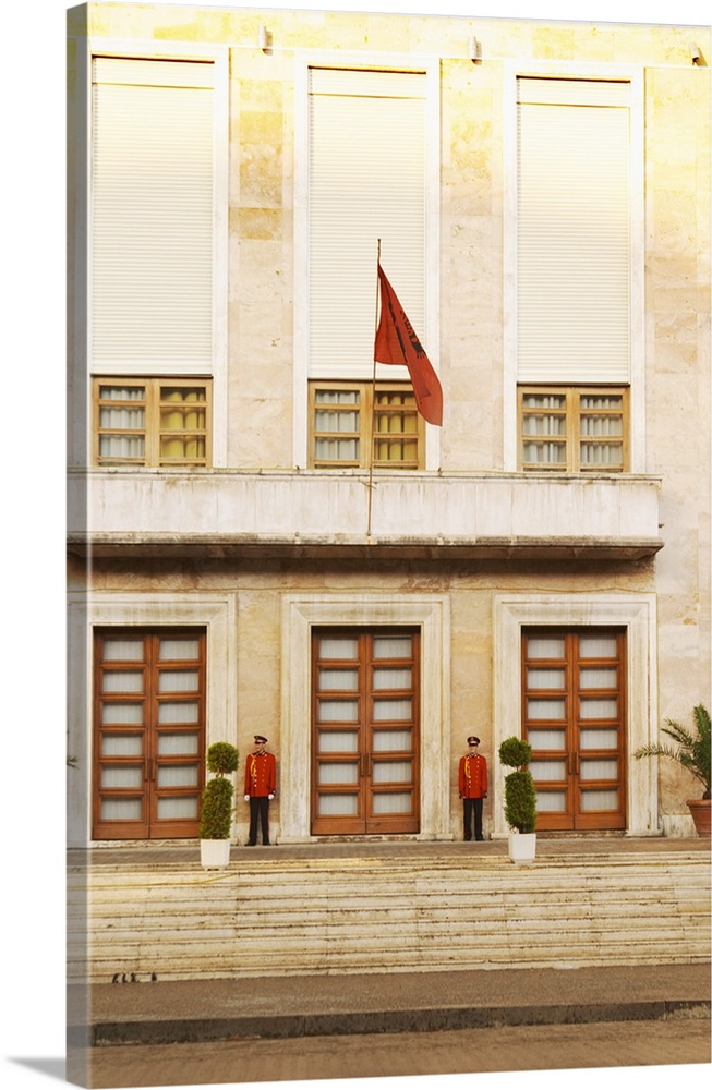 The presidential president's palace with Albanian flag and honour guard. On the boulevard Bulevardi Deshmoret e Kombit Tir...