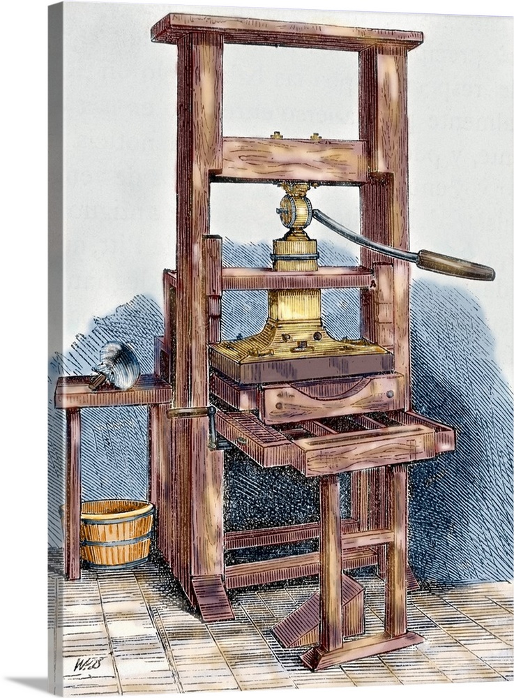 Printing press used by Benjamin Franklin (1706-1790), U. S. statesman and scientist. Colored engraving.