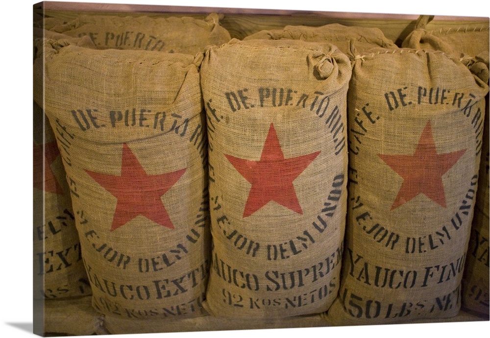 United States, Puerto Rico, Ponce.   Bags of coffee beans at Hacienda Buena Vista, a restored coffee and sugar plantation.