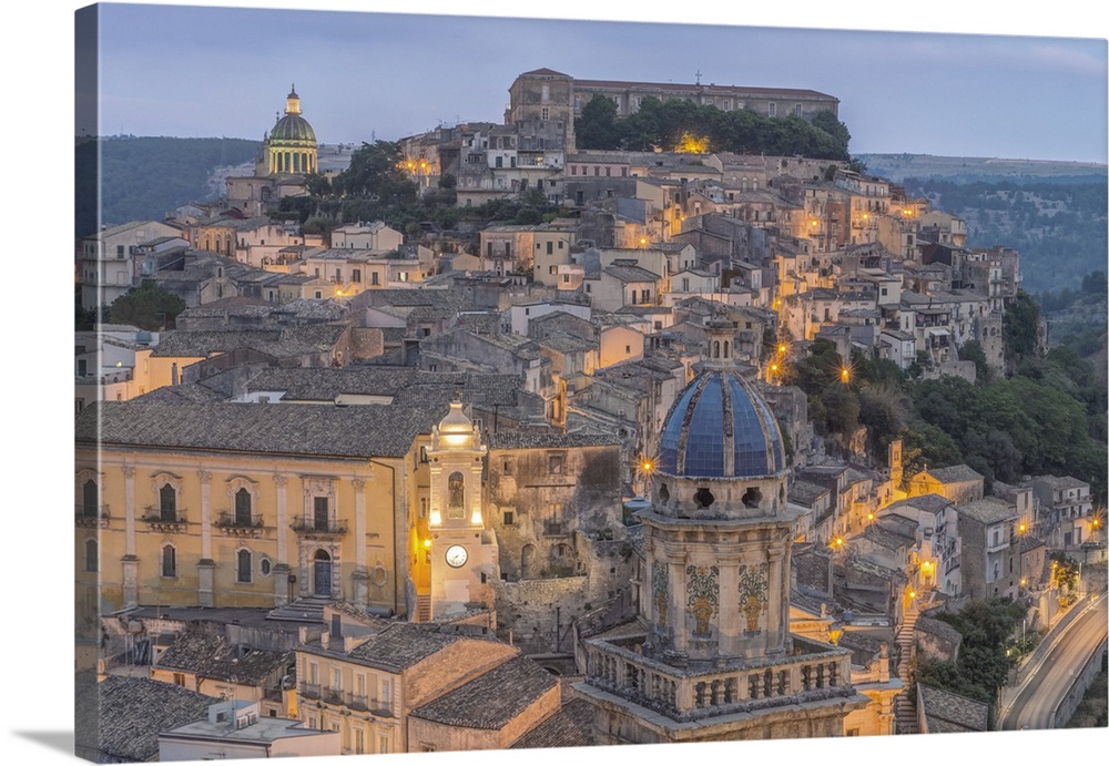 Europe, Italy, Sicily, Ragusa, Looking Down on Ragusa Ibla at Dusk.