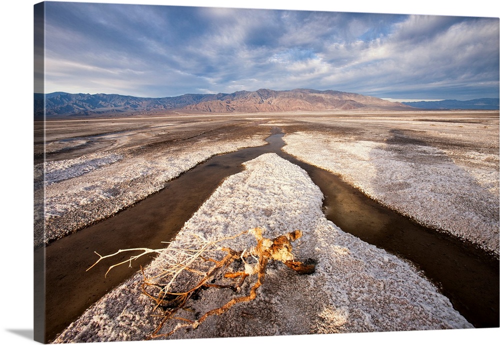 Rainwater creates a creek on Salt Flats. Death Valley. California.