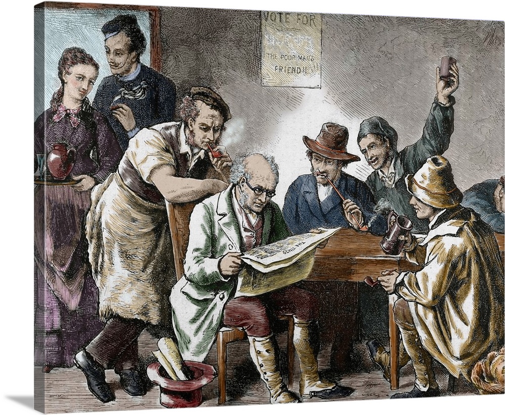 Reading the newspaper in the tavern. Colored engraving, 1876.