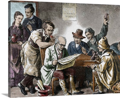 Reading the newspaper in the tavern, Colored engraving, 1876