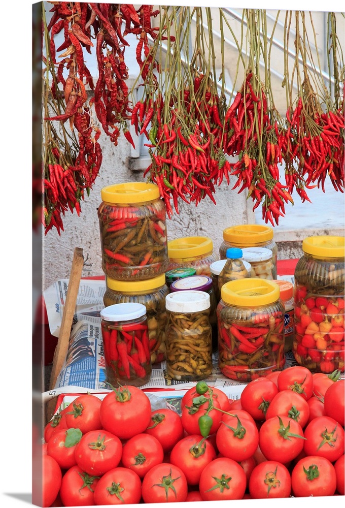 Turkey, Izmir Province, Kusadasi.Along the waterfront.Local market, red peppers and tomatoes.