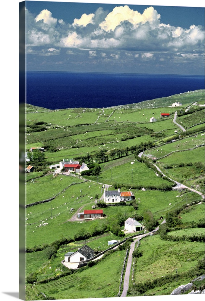 Europe, Ireland, Ring of Kerry. Red-roofed homes interrupt the green of Ring of Kerry, in County Kerry, Ireland.