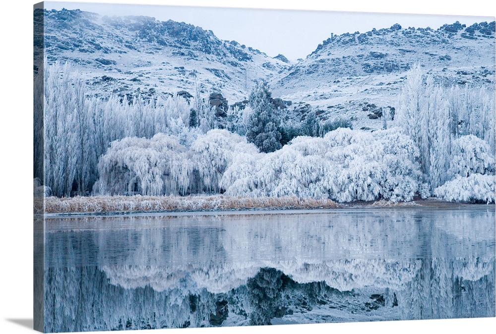 Reflections and Hoar Frost, Butchers Dam, near Alexandra, Central Otago, South Island, New Zealand