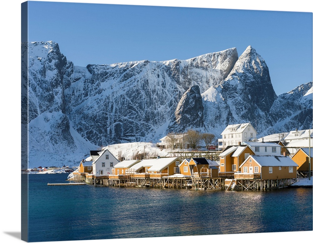 Village Reine and village Skrisoya on the island Moskenesoya. The Lofoten Islands in northern Norway during winter. Europe...