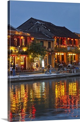Restaurants Reflected In Thu Bon River At Dusk, Vietnam