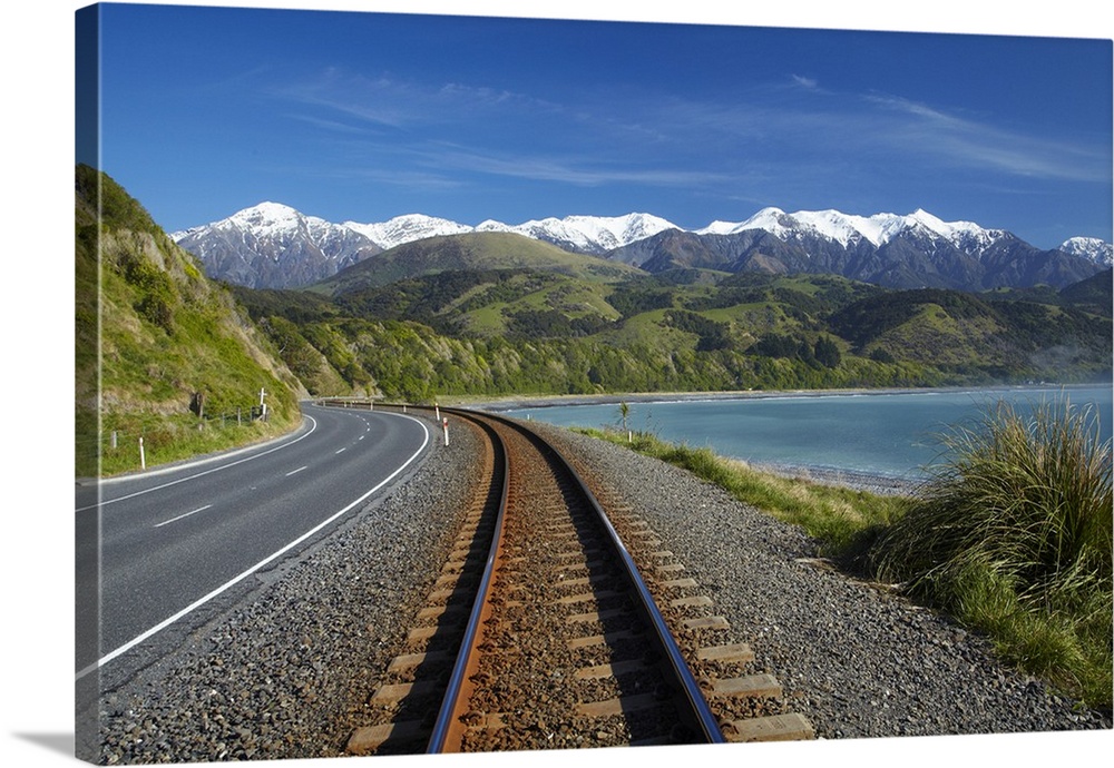 Road, railway, Seaward Kaikoura Ranges, Mangamaunu, Kaikoura, Marlborough, South Island, New Zealand.