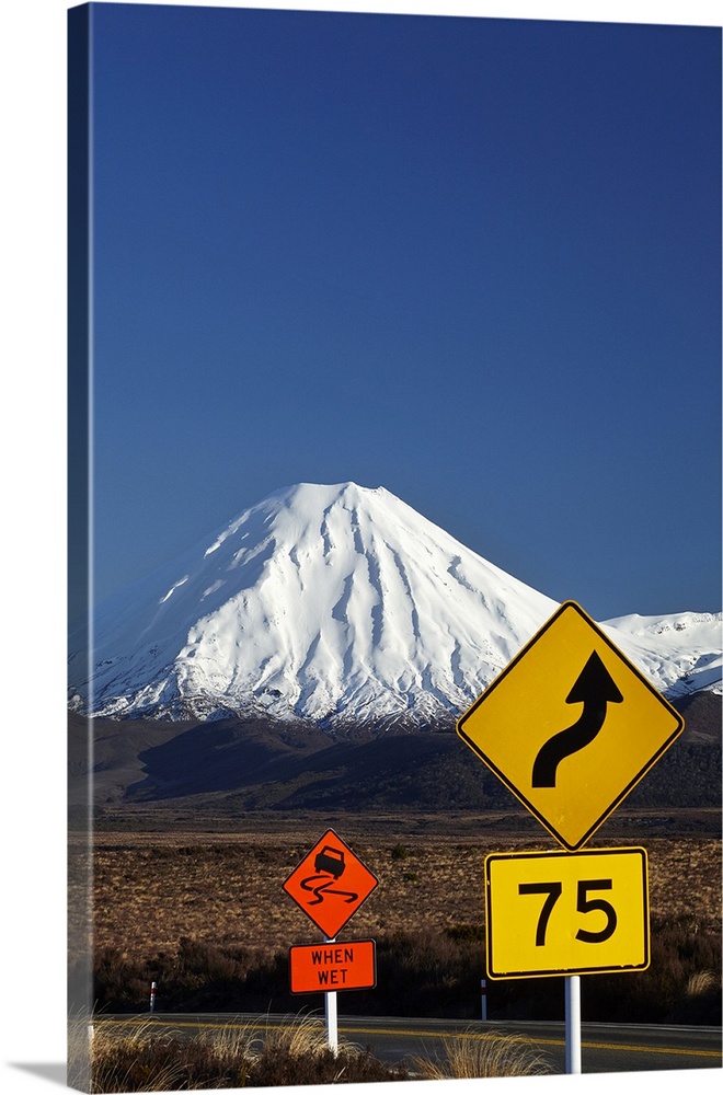Road signs on Desert Road and Mt. Ngauruhoe, Tongariro National Park, Central Plateau, North Island, New Zealand